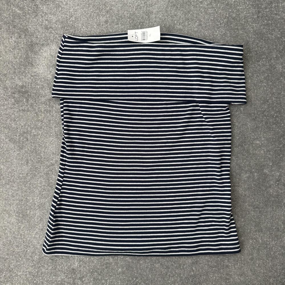 LOFT Off Shoulder Shirt Womens XL Navy Blue White Striped Ribbed Stretch Top